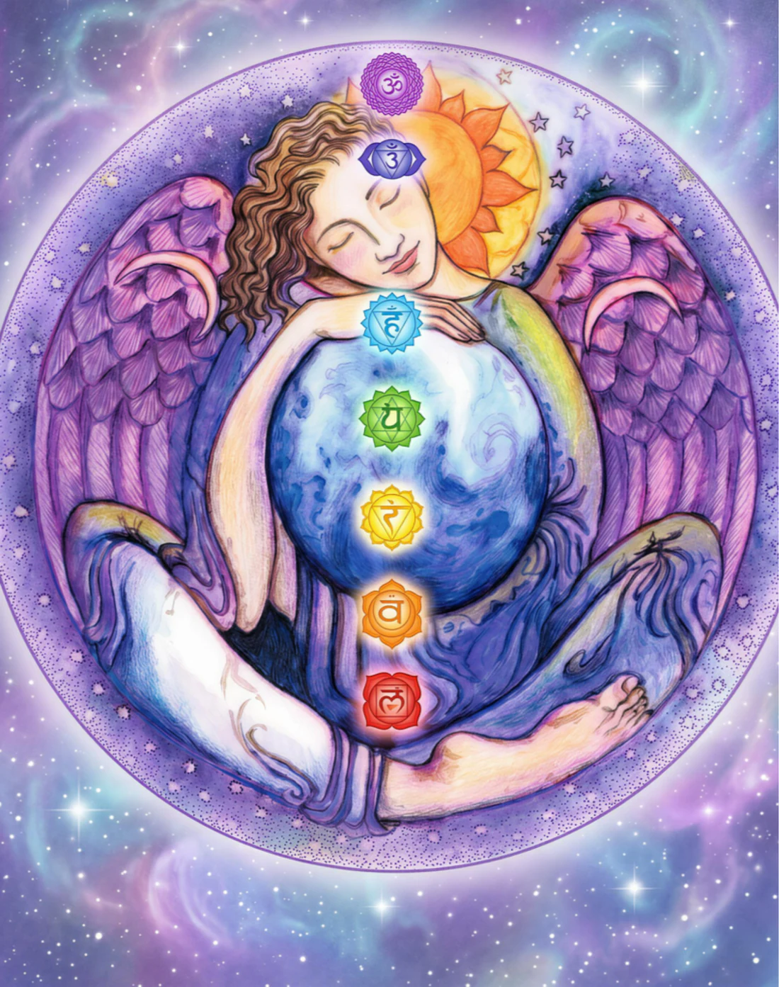 An angel embracing Earth with the seven chakra symbols
